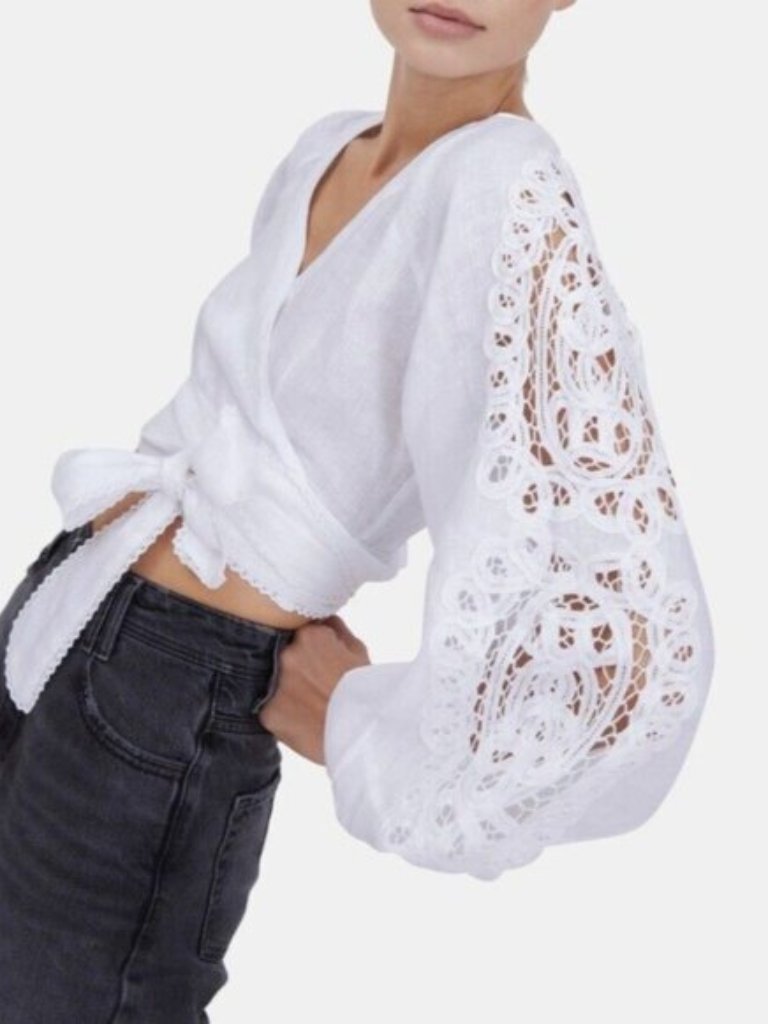 Maia Bergman Lubi Linen Applique Puff Sleeve Tie Waist Crop Blouse Xs